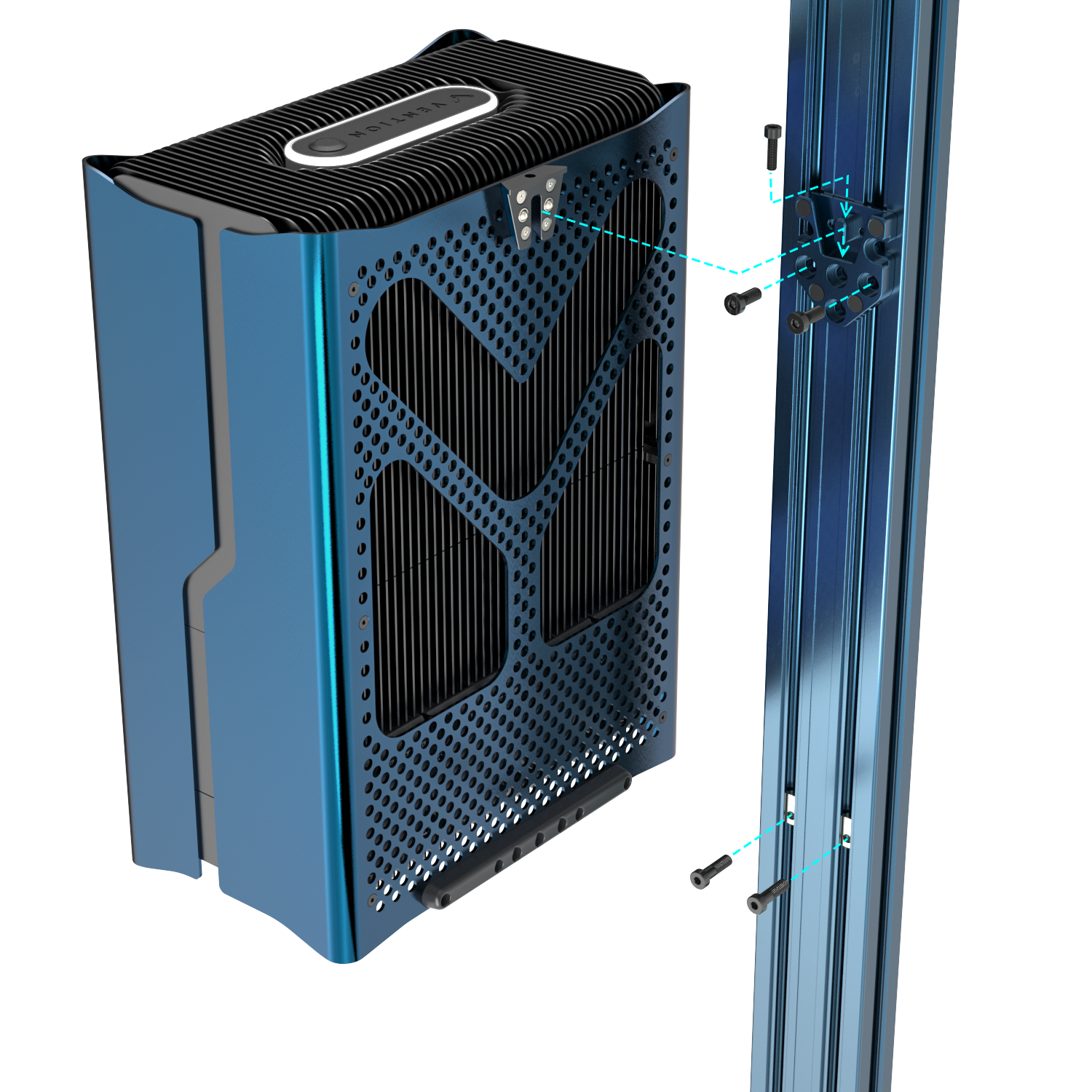 A blue device mounted on a vertical structure with highlighted mounting points and screws.